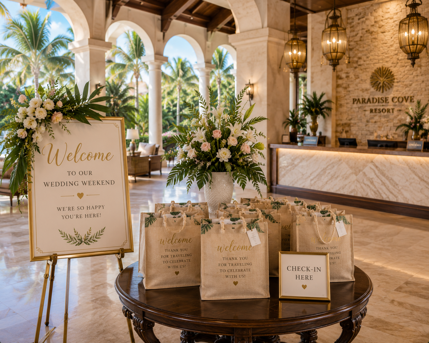 Luxury resort wedding welcome table featuring guest welcome bags, check-in information, and destination wedding travel coordination services.