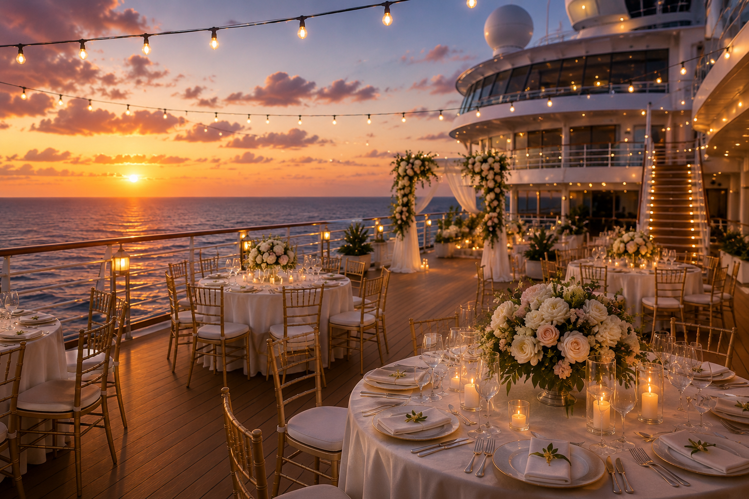 Elegant wedding reception aboard a luxury cruise ship featuring ocean views, sunset scenery, floral arrangements, and outdoor celebration space at sea.