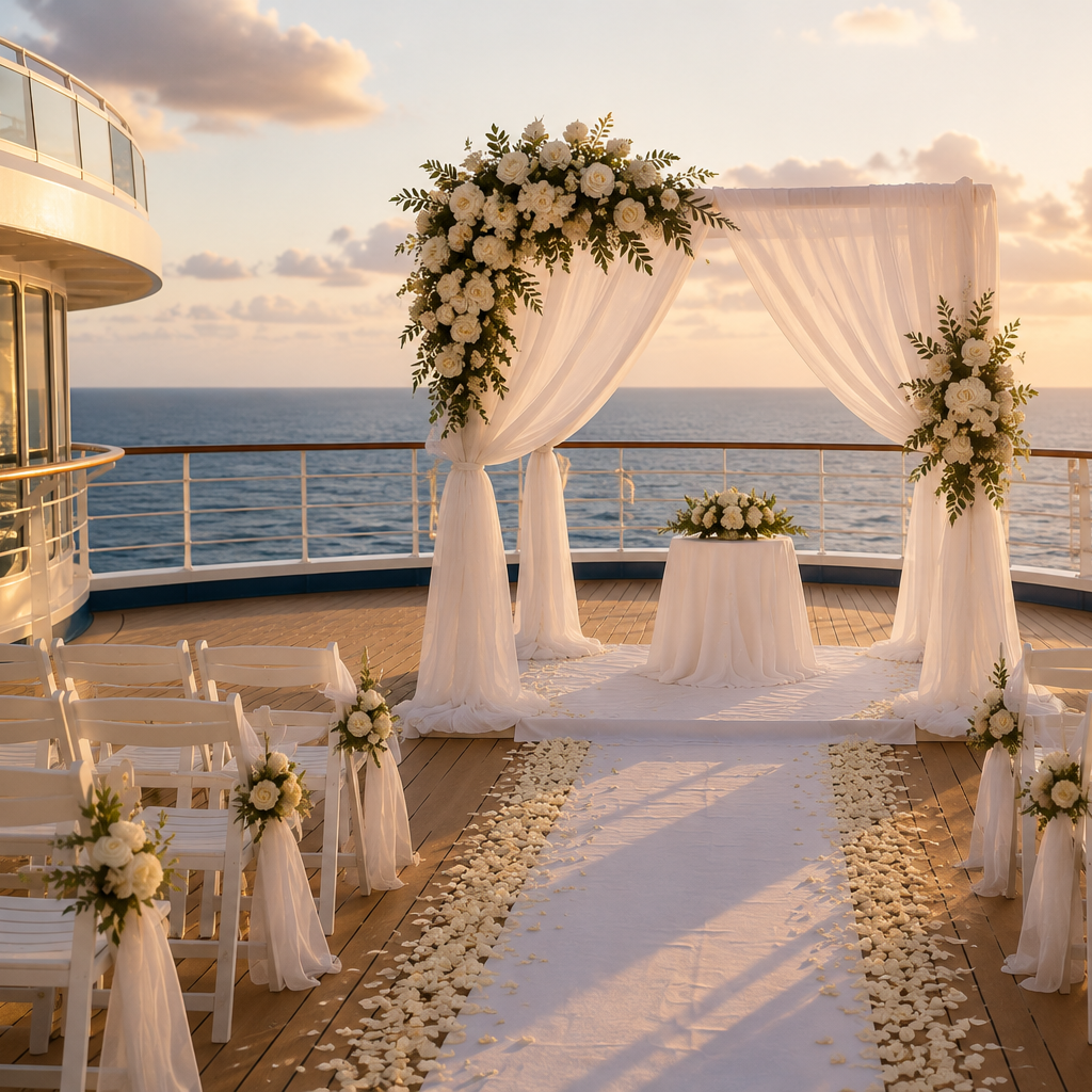 Elegant cruise ship wedding ceremony overlooking the ocean planned by Beckman Travel.