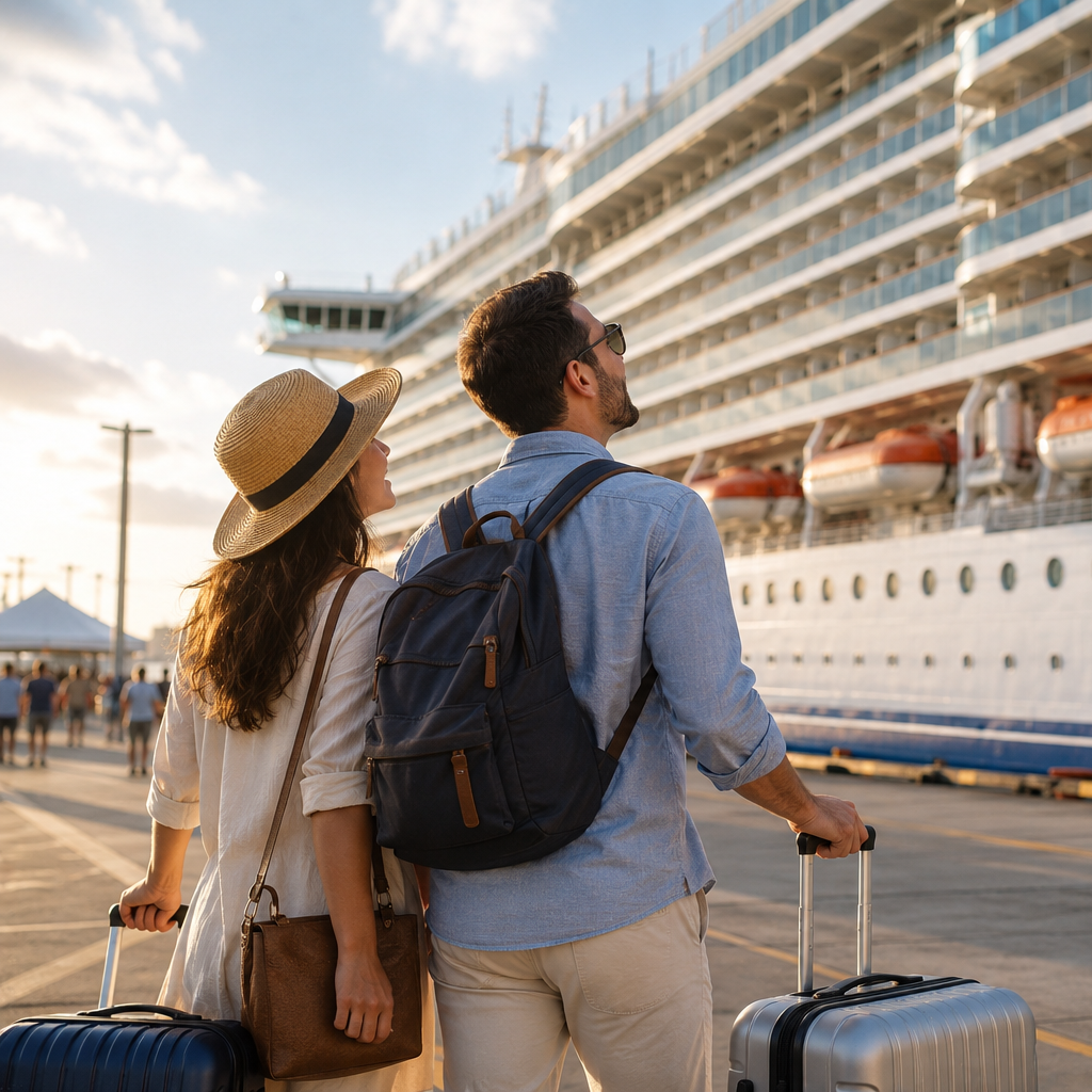 Couple preparing to board a cruise ship with expert first-time cruise planning assistance from Beckman Travel.