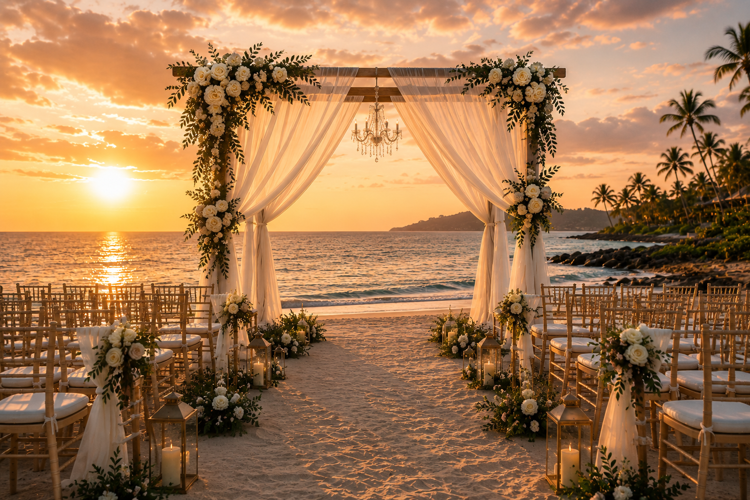 Elegant beachfront destination wedding ceremony setup for destination weddings and honeymoon planning.