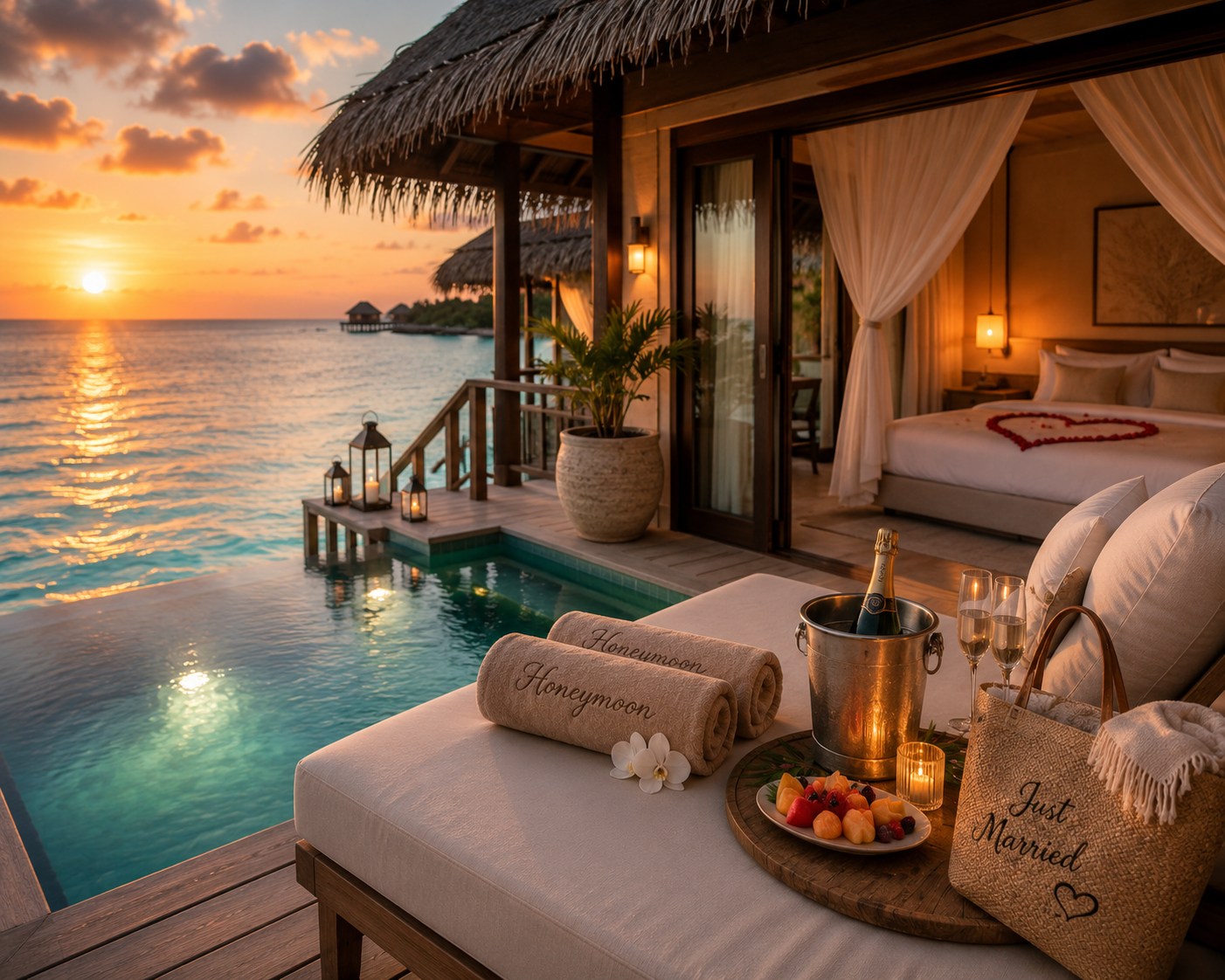 Luxury overwater bungalow honeymoon suite featuring a private plunge pool, ocean views, sunset scenery, and romantic accommodations.