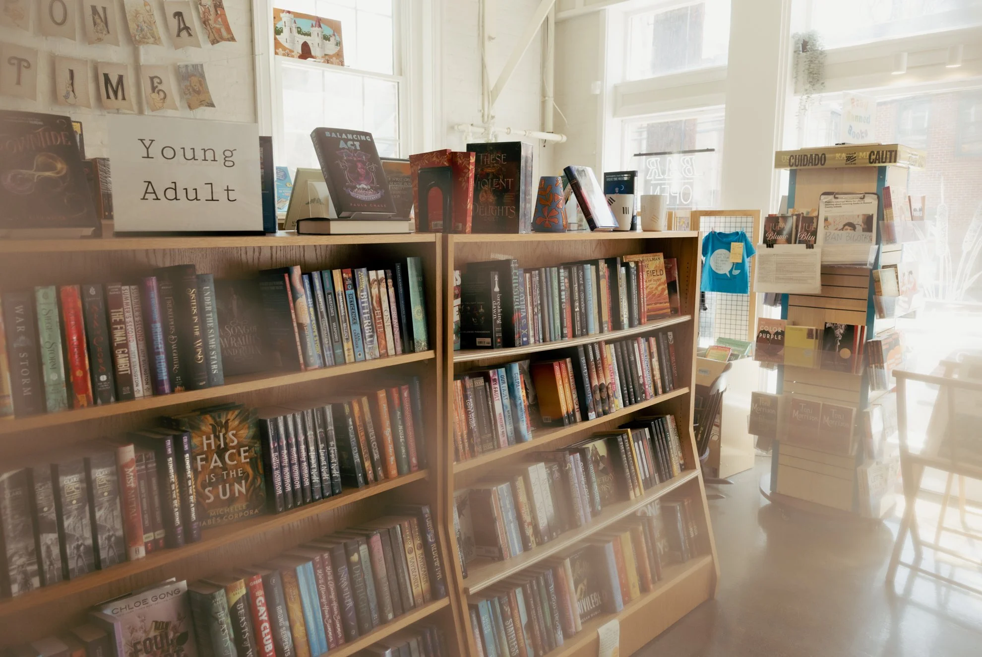 Bookshelves filled with books in a bookstore, with a sign indicating the 'Young Adult' section, large windows letting in sunlight, and various displays and signs.
