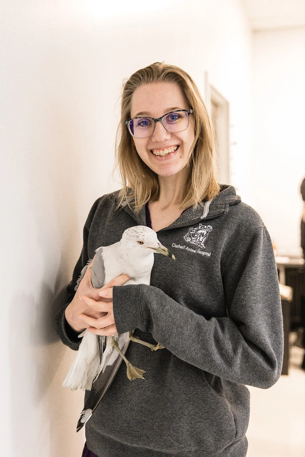 A woman with glasses and a gray hoodie smiling and holding a seagull indoors.
