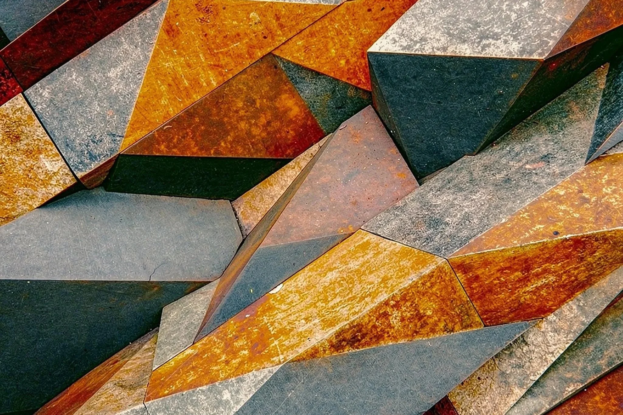 Close-up of a geometric arrangement of rust-colored and gray metal plates with various textures and shades.