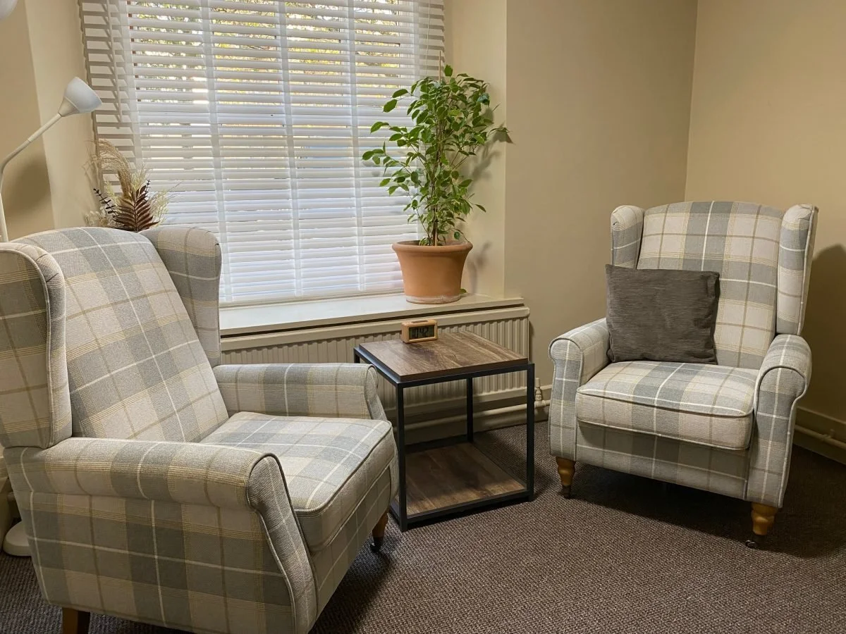 A cozy living room corner with two plaid armchairs, a small wooden side table, a potted plant, a window with blinds, and a standing lamp.