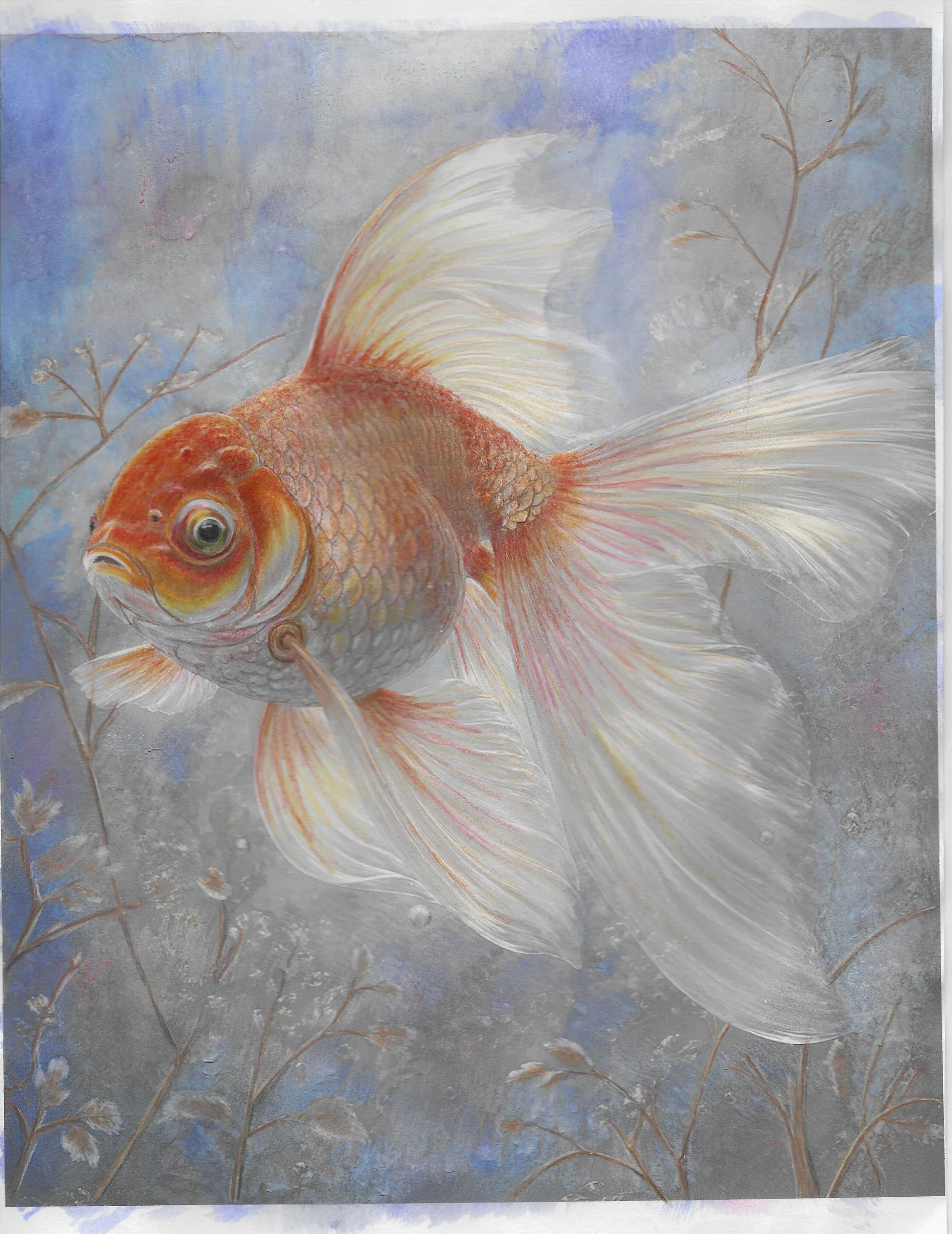 Painting of a goldfish swimming among aquatic plants against a blue and gray background.