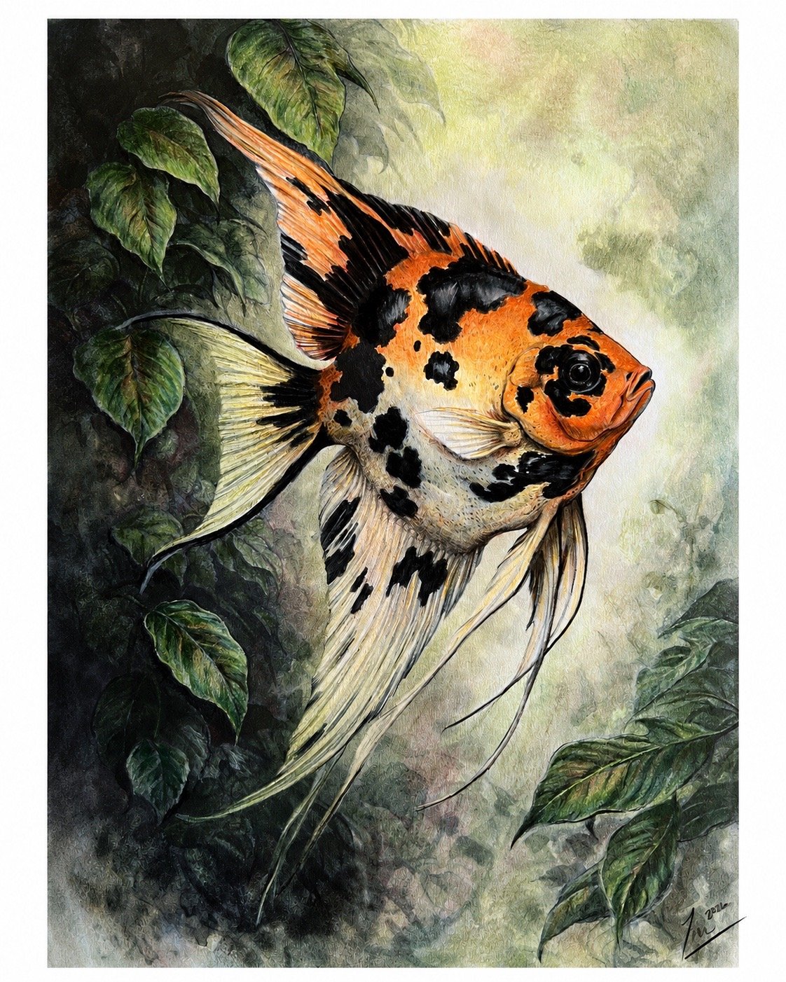 Watercolor painting of a colorful tropical fish with orange, black, and white markings, swimming among green leaves.