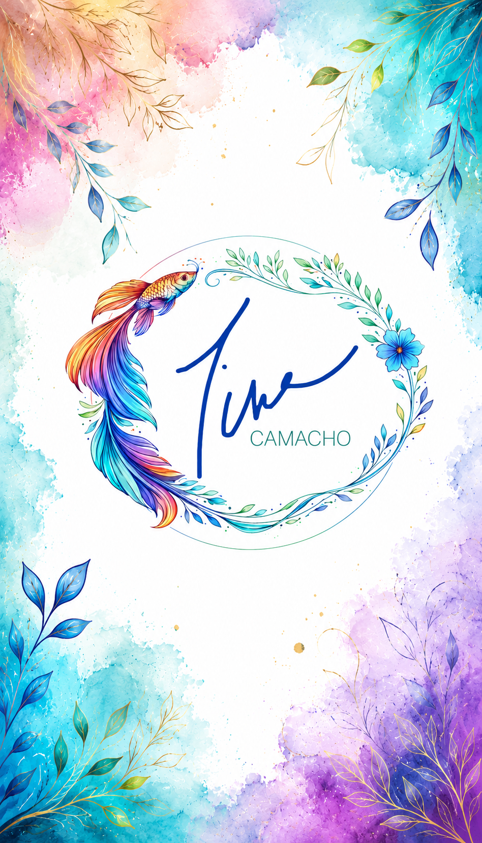 Colorful digital art featuring a rainbow-colored fish, floral elements, and the text 'Tina CAMACHO' on a watercolor background.