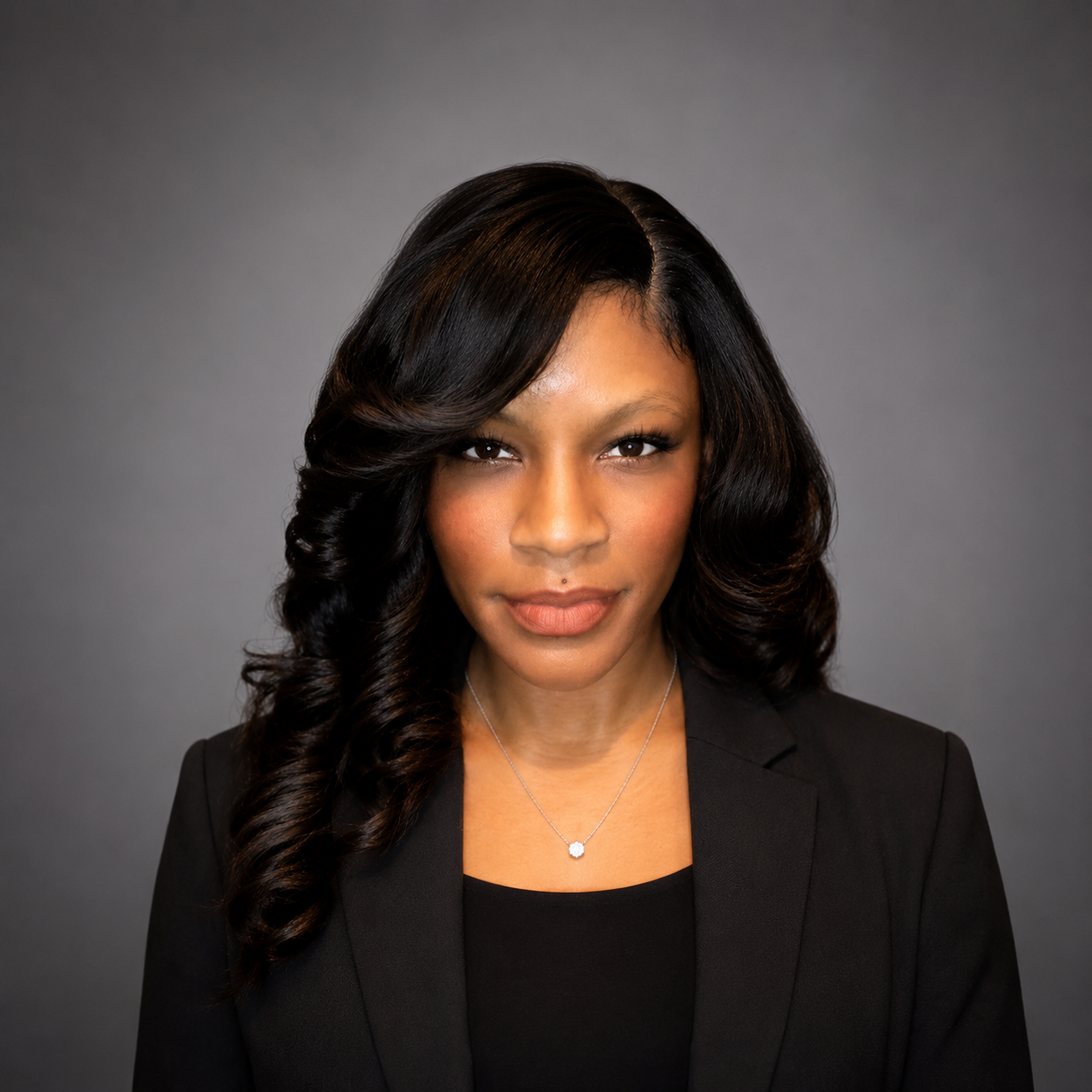 Portrait of a woman with dark, wavy hair wearing a black blazer and a necklace, against a gray background.