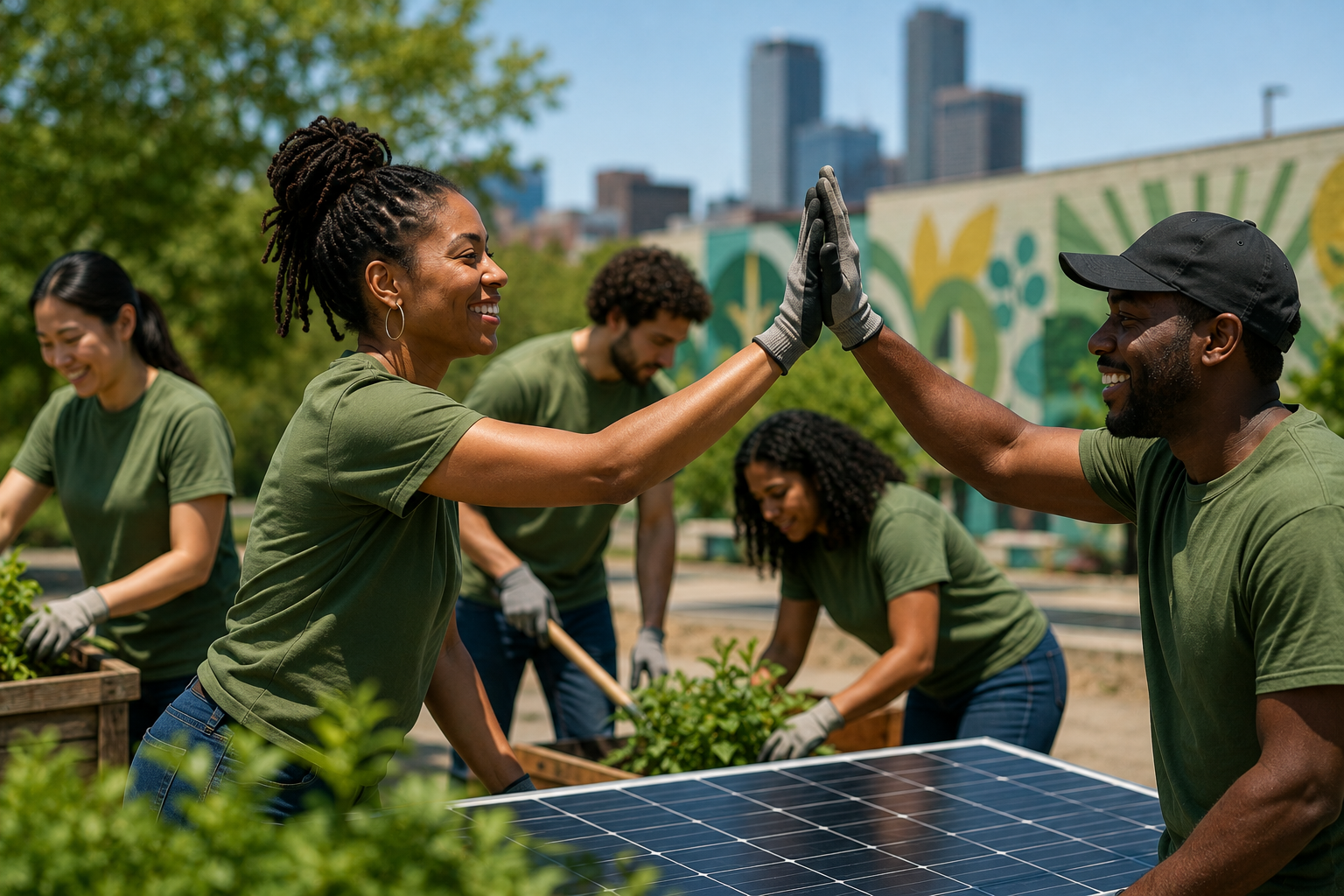Two people high-fiving outdoors near solar panels with a city skyline in the background, while others work with plants.