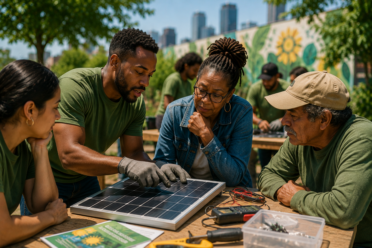 Group of diverse people outdoors working on a solar panel, with tools and informational pamphlet on a wooden table, in a park with trees and city skyline background.