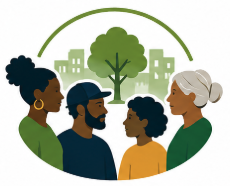 A diverse family of four with a grandmother, two young adults, and a child, standing outdoors with a tree and cityscape in the background.