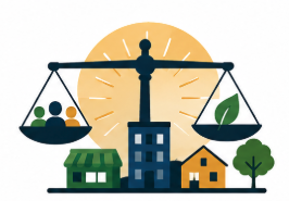 Illustration of a scale balancing houses and trees, symbolizing sustainability and environmental responsibility.