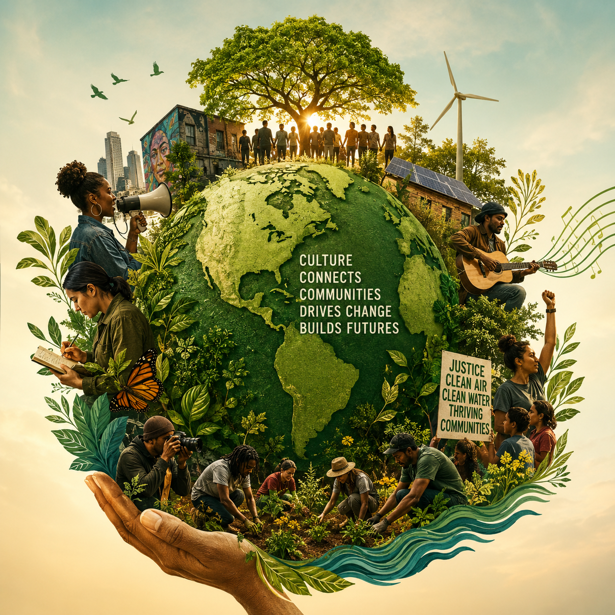 A digital illustration of Earth with people engaging in environmental activism, community building, and music. The Earth features the message 'Culture Connects Communities Drives Change Builds Futures.' Surrounding it are images of diverse individuals planting trees, holding a sign advocating for justice, clean air, clean water, and thriving communities, and participating in artistic activities like singing and playing guitar. The scene emphasizes sustainability, community, and environmental advocacy.