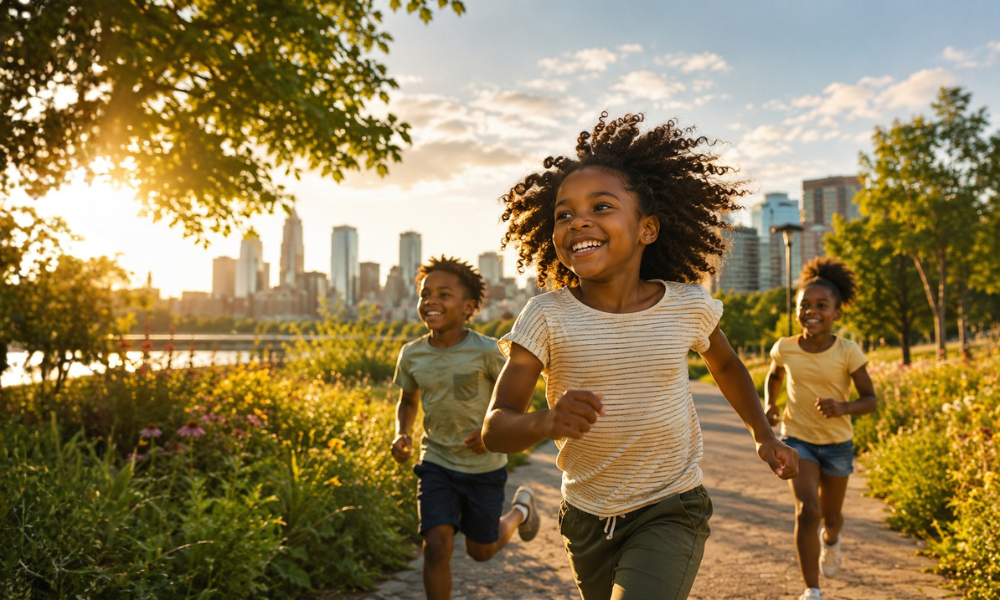 Children running, smiling and playing in a park near the city skyline at sunset.