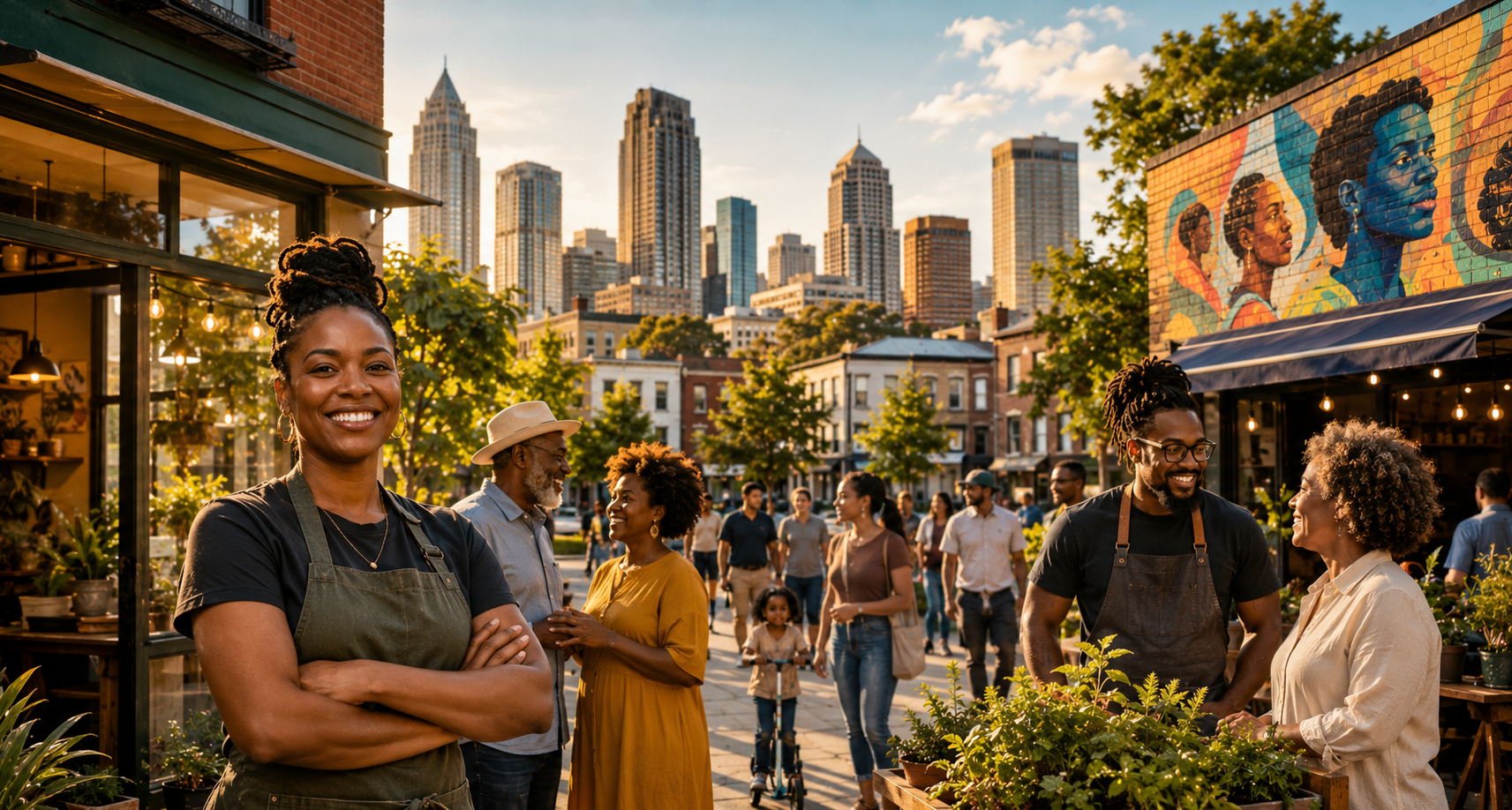 People gathered at an outdoor market in a city with skyscrapers in the background, engaging in conversations and shopping among plants and art murals.