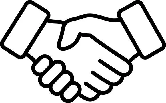 A simple black and white line drawing of a handshake.