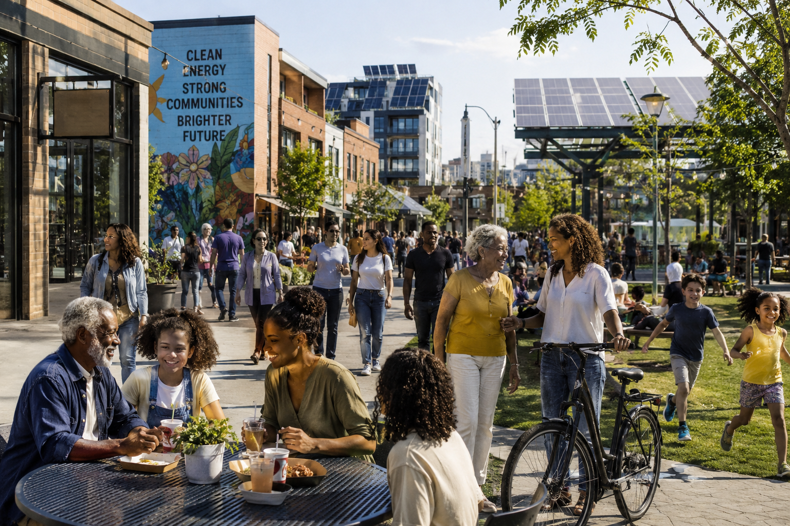 People enjoying outdoor activities in an urban park with solar panels, a mural reading 'Clean Energy Strong Communities Brighter Future,' and modern buildings in the background.