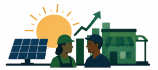 Illustration of two people discussing solar energy, with solar panels, a sun, and a house in the background.