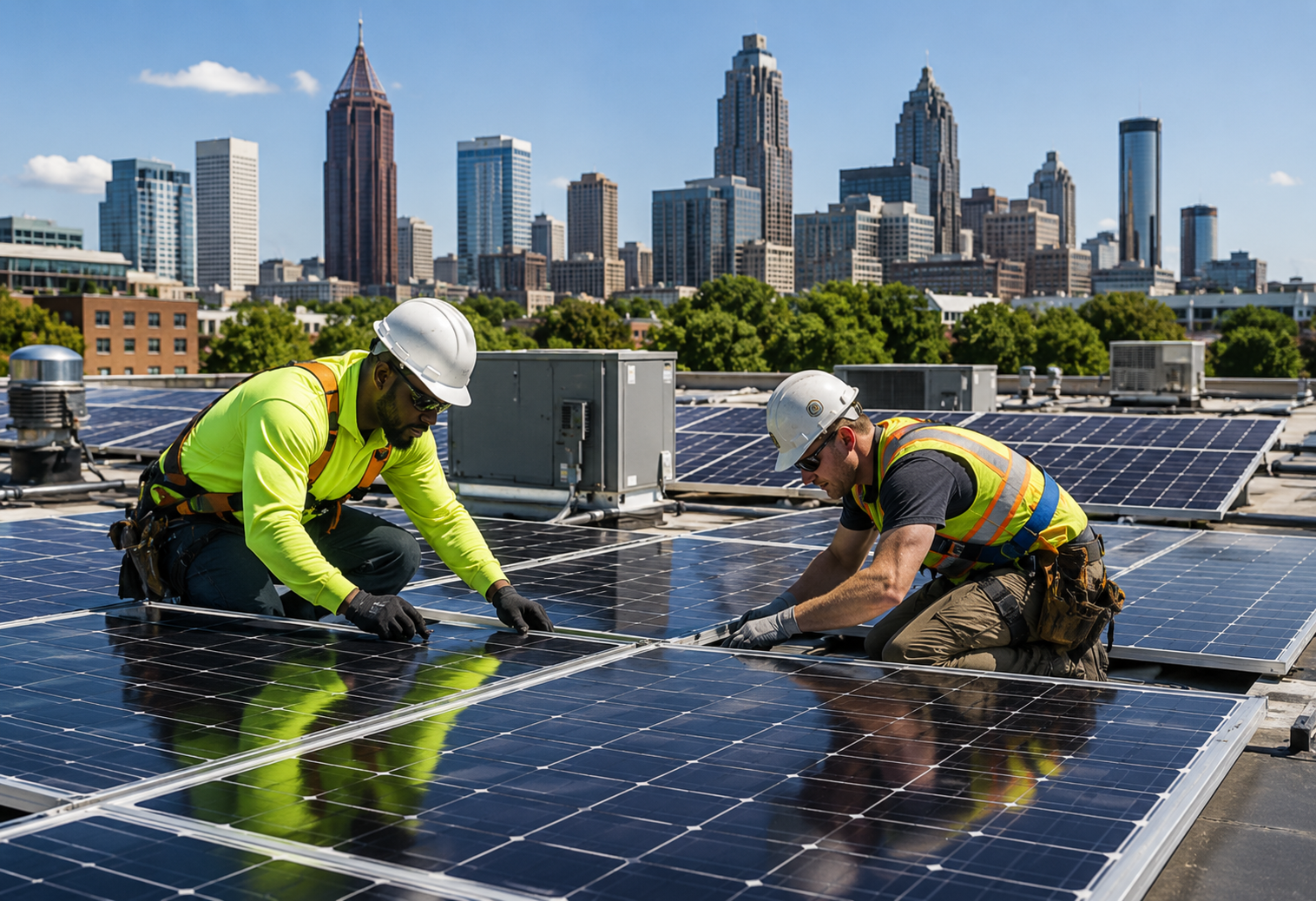 Two workers installing solar panels on a rooftop with a city skyline in the background.