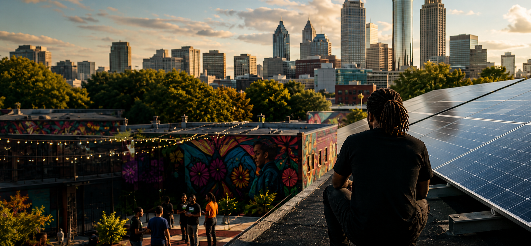 A person with dreadlocks sitting on a rooftop near solar panels, overlooking a city skyline at sunset, with a colorful mural, string lights, and a group of people below.