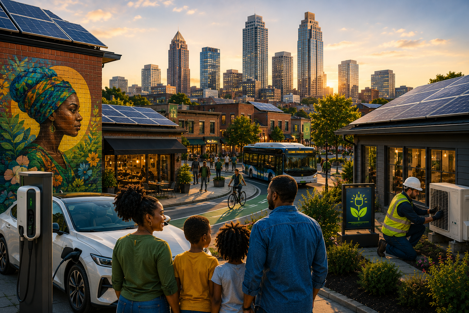 A city street scene at sunset with a mural of a woman in a colorful headwrap on a building wall. People are riding bikes, waiting at an electric vehicle charging station, and walking. Solar panels are on rooftops, and downtown skyscrapers are in the background.