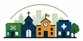 Illustration of a cityscape with a church, hospital, and other buildings, including a tree, set against a light background