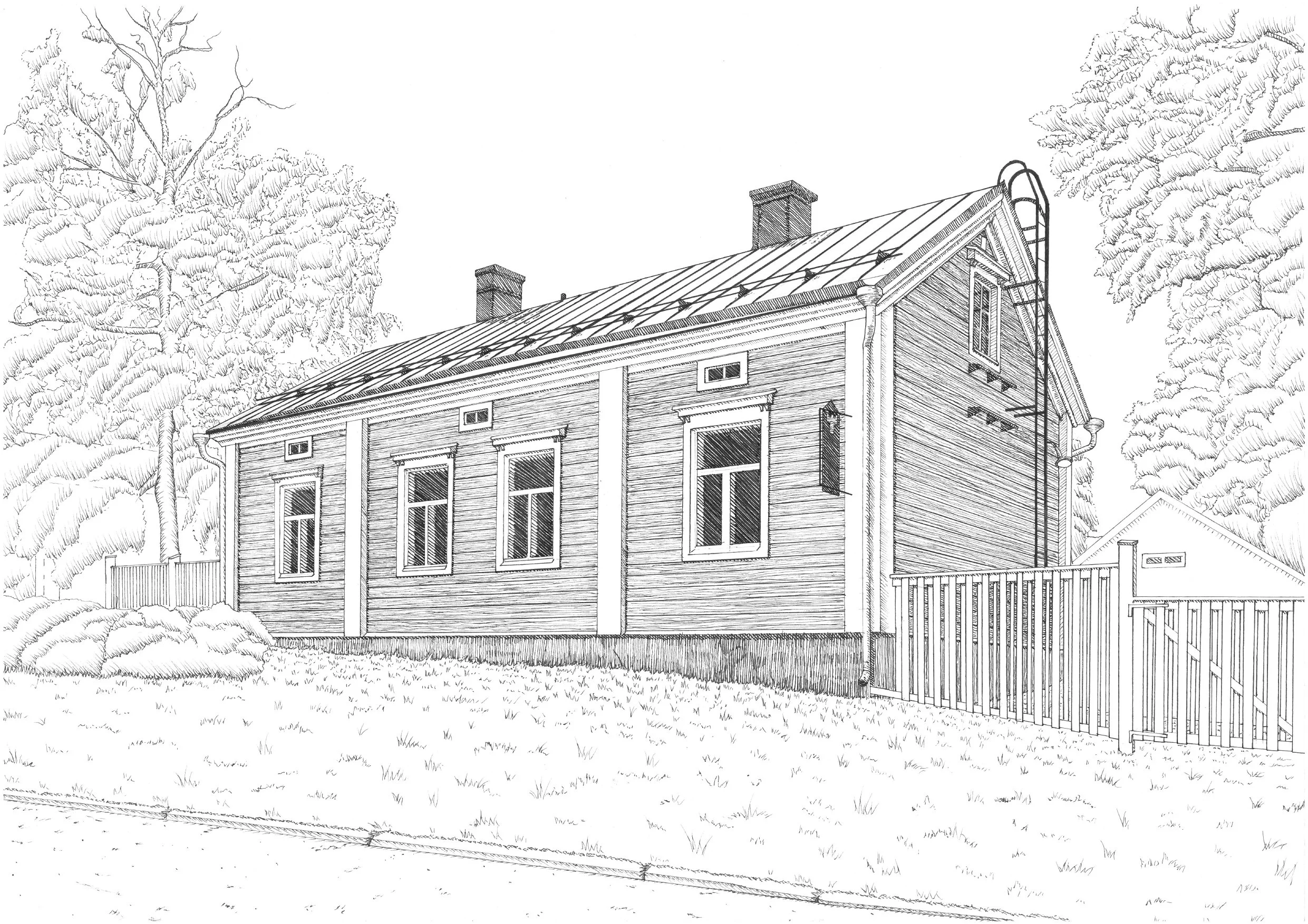Käsinpiirretty kuva Oulun arkkitehtikillan kiltatalosta. Tunnetaan myös nimellä Kolmen Fröökynän talo. Edustaa arkkitehtuurin uusklassismia. Kuva on osa EXCU27:n julkaisemaa seinäkalenteria.