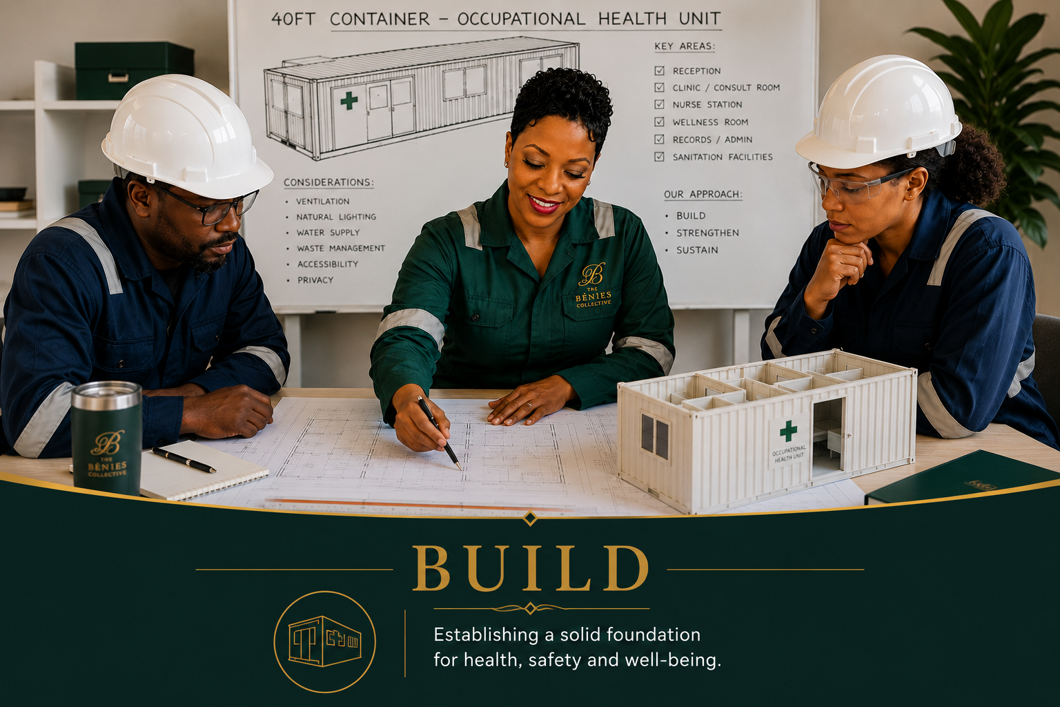 Occupational health consultant facilitating the design of a workplace health system and occupational health unit with project stakeholders during planning and implementation.