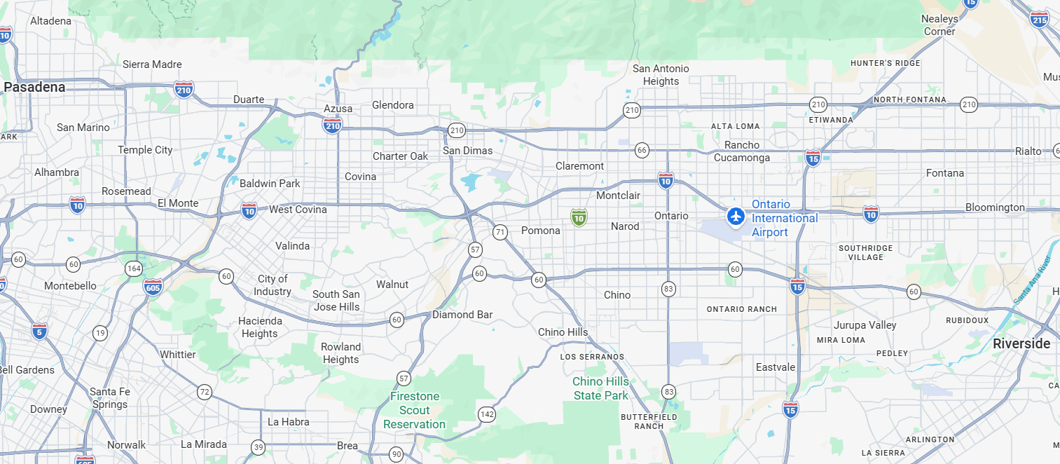 A map showing the cities and highways in the Los Angeles and Riverside area of Southern California, including labels for Ontario International Airport, Chino Hills State Park, and several neighborhoods and suburbs.