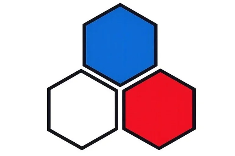 Three connected hexagons outlined in black, with one filled with blue, one red, and one white, forming a triangular pattern.