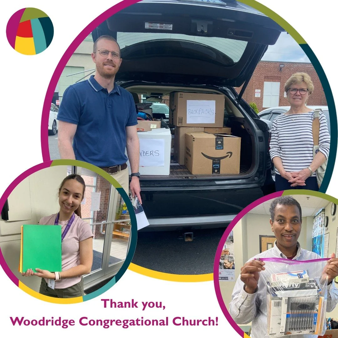 People standing next to an open car trunk filled with boxes labeled for donation, with additional images of individuals holding office supplies and thank you message from Woodridge Congregational Church.