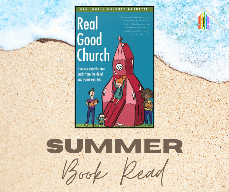 Cover of a book titled "Real Good Church" by Rev. Molly Phinney Baskette, featuring an illustration of a church shaped like a red boot with children and adults around it, set against a beach background with sand and foam.