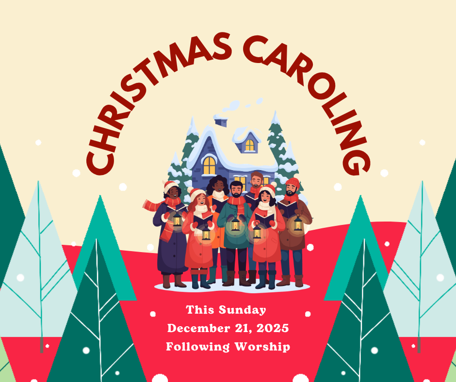 Invitation for a Christmas caroling event showing a group of people singing outdoors with snow and a house in the background, and decorated trees surrounding them.