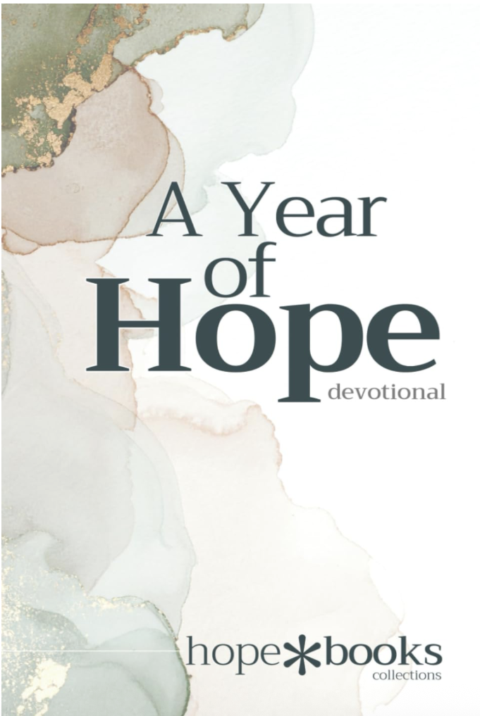 Cover of a devotional book titled "A Year of Hope" with a watercolor background and the hope*books logo.