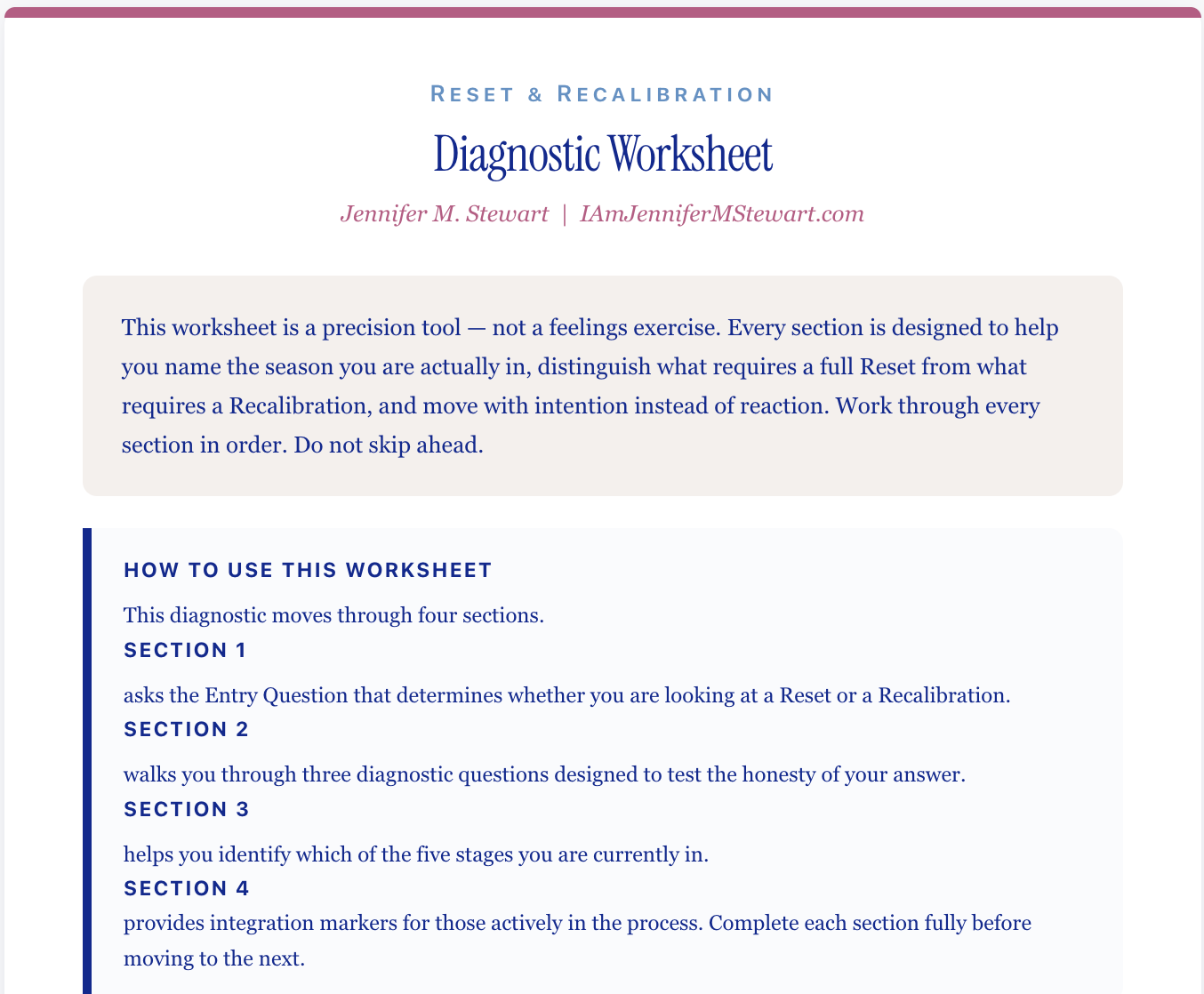 Reset & Recalibrate Diagnostic Worksheet