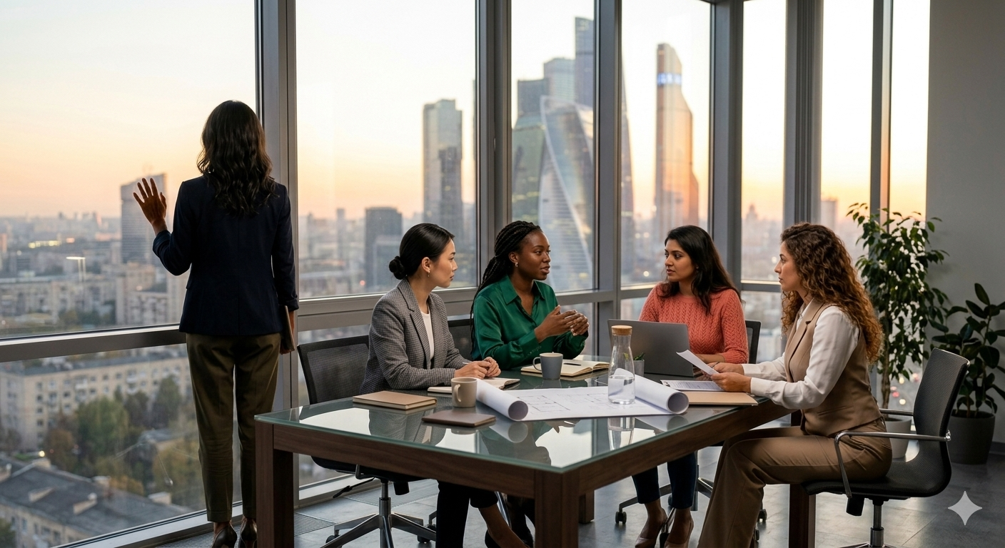 A businesswoman standing and facing a large window, with four women sitting at a table engaged in a discussion. The table has documents, a laptop, coffee cups, and a water pitcher. The high-rise cityscape is visible through the window at sunset.
