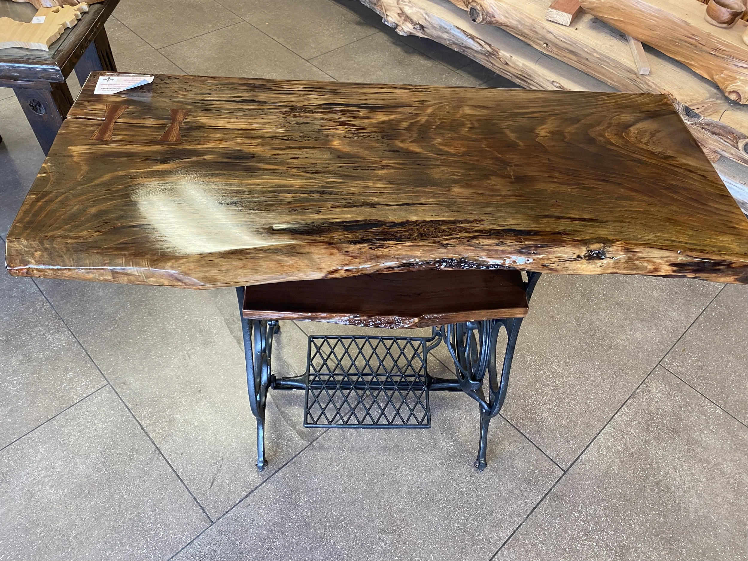 Sinker Cypress foyer table with clear epoxy