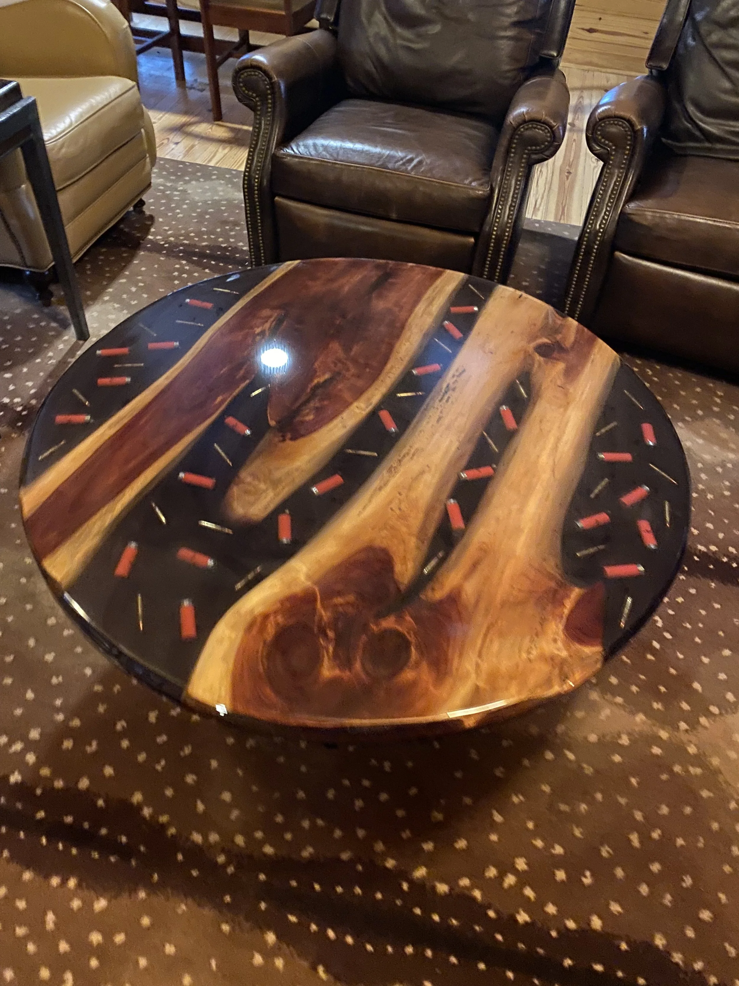 Large red cedar coffee river table with bullets