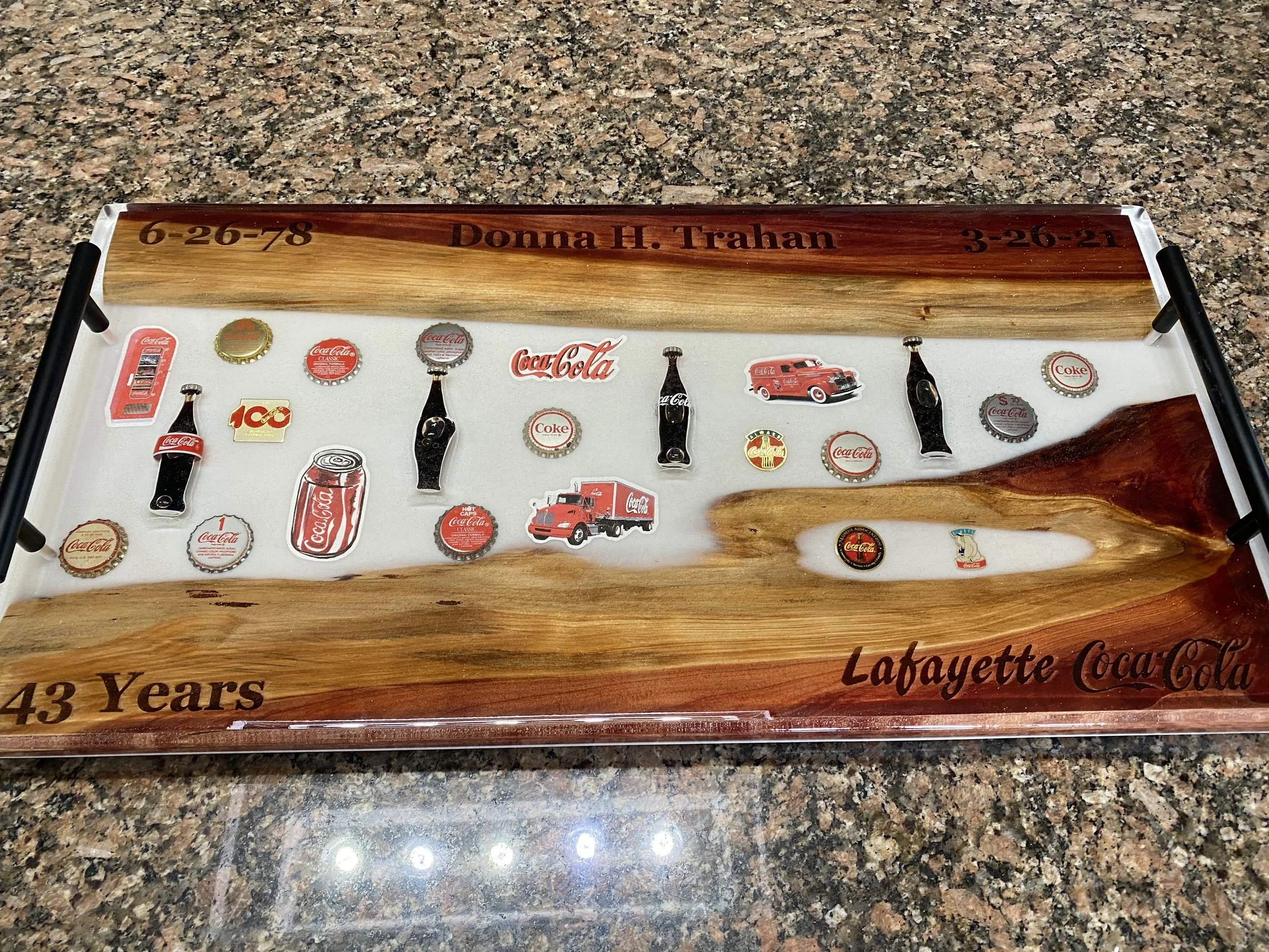 Custom red cedar retirement charcuterie board with white epoxy