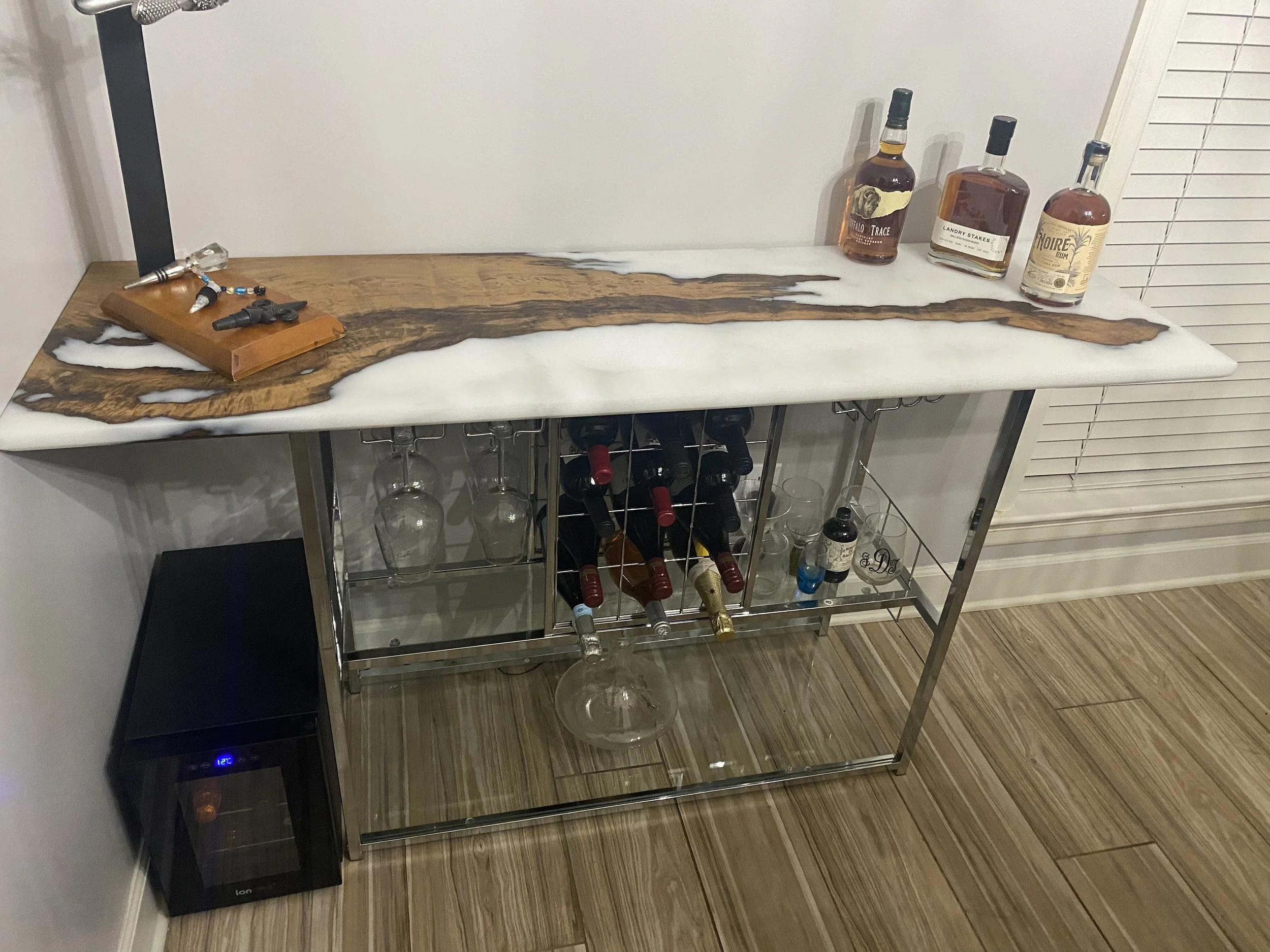 Sinker cypress foyer/bar table with white pearl epoxy