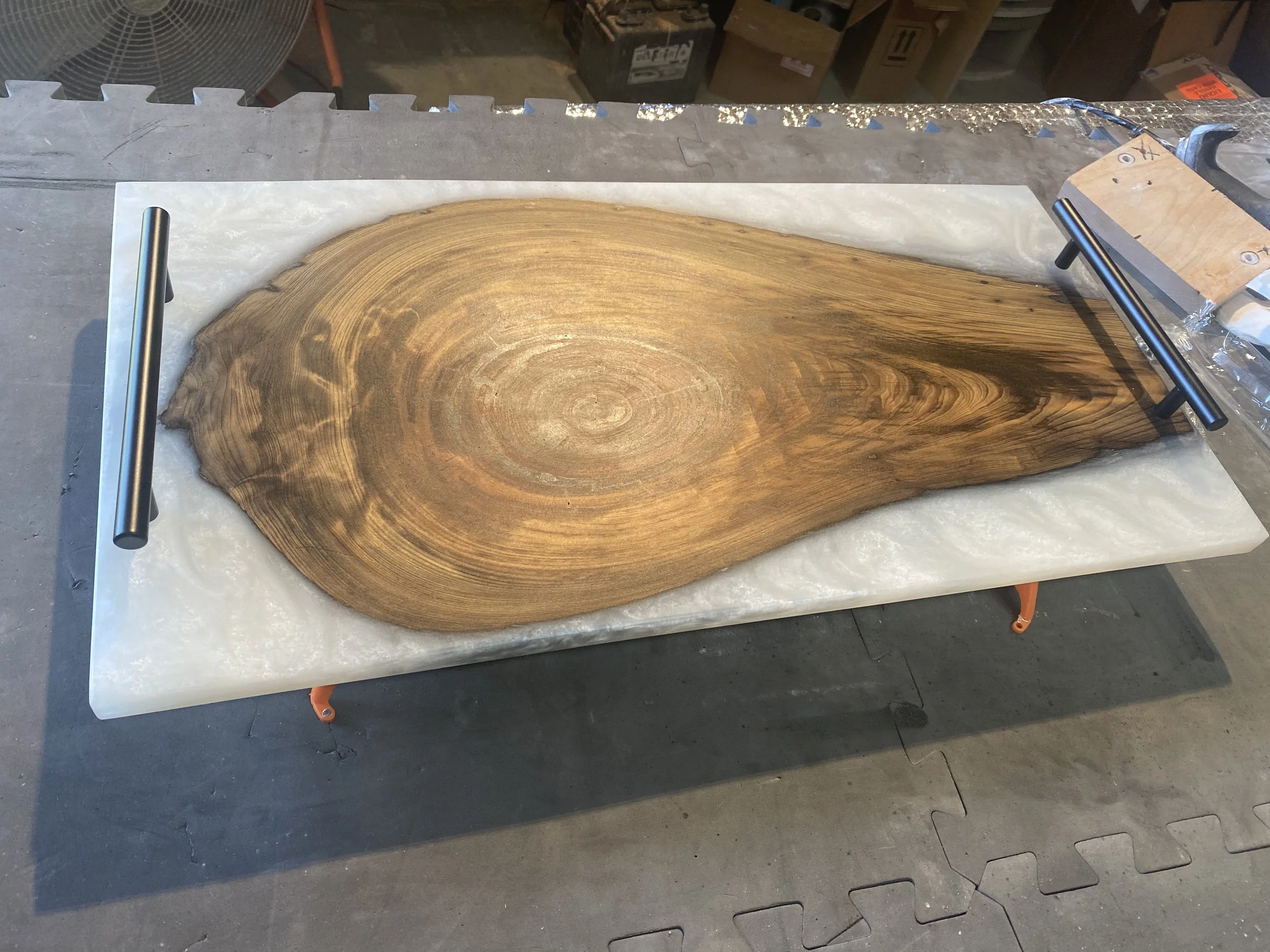 sinker cypress chacuterie board with white pearl epoxy