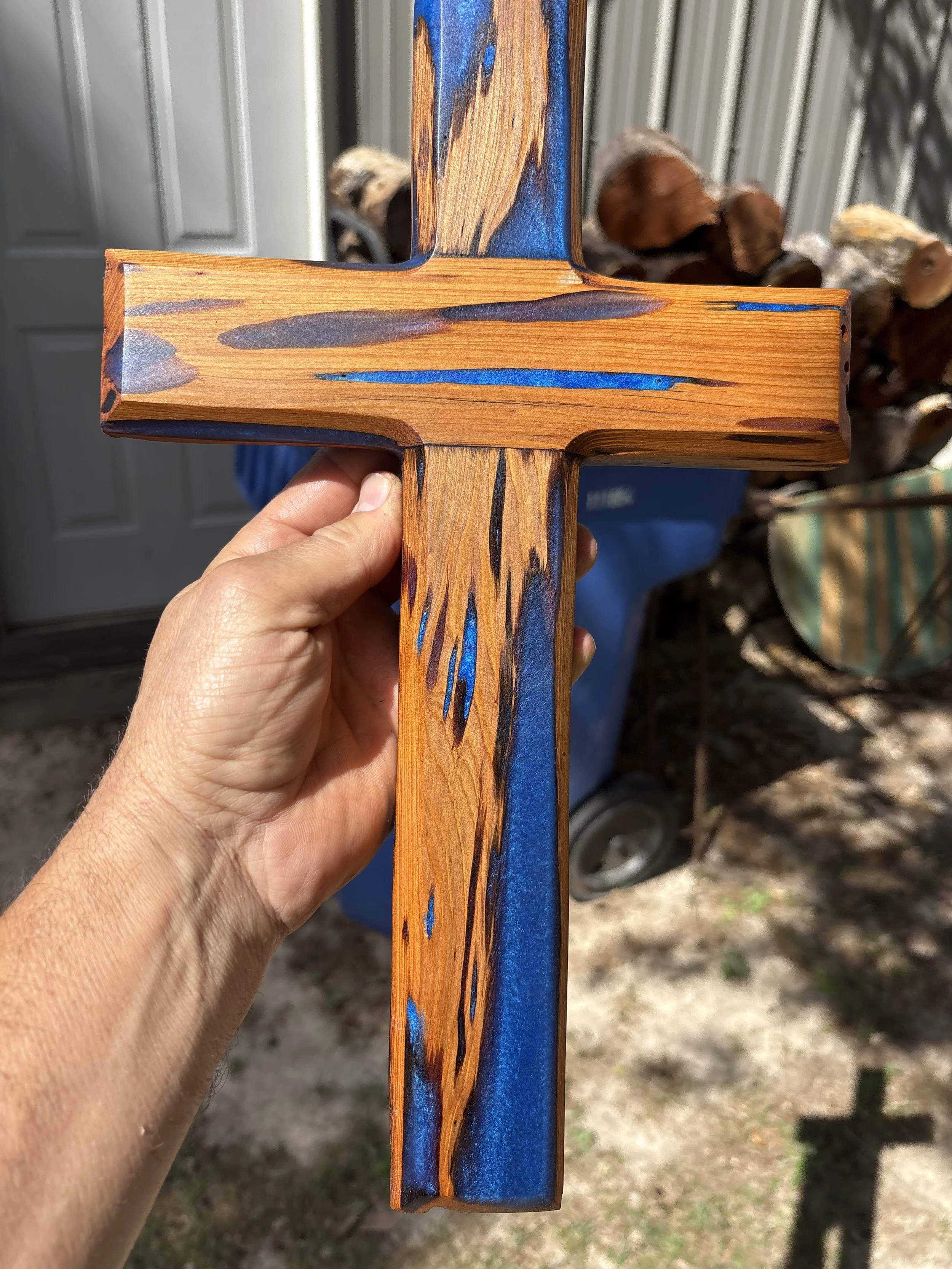 Pecky cypress and blue epoxy cross