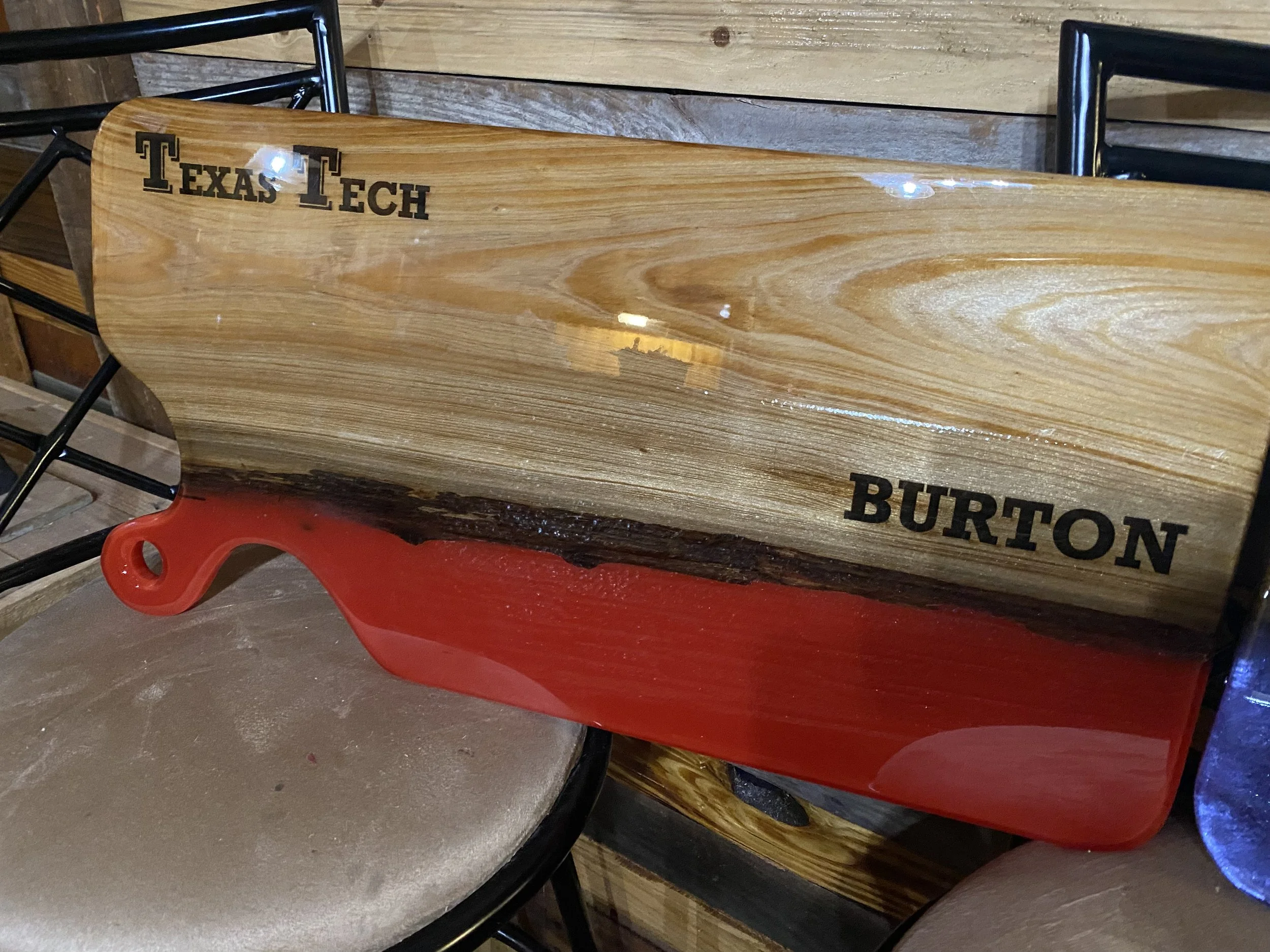 Custom charcuterie board with sinker cypress with red epoxy