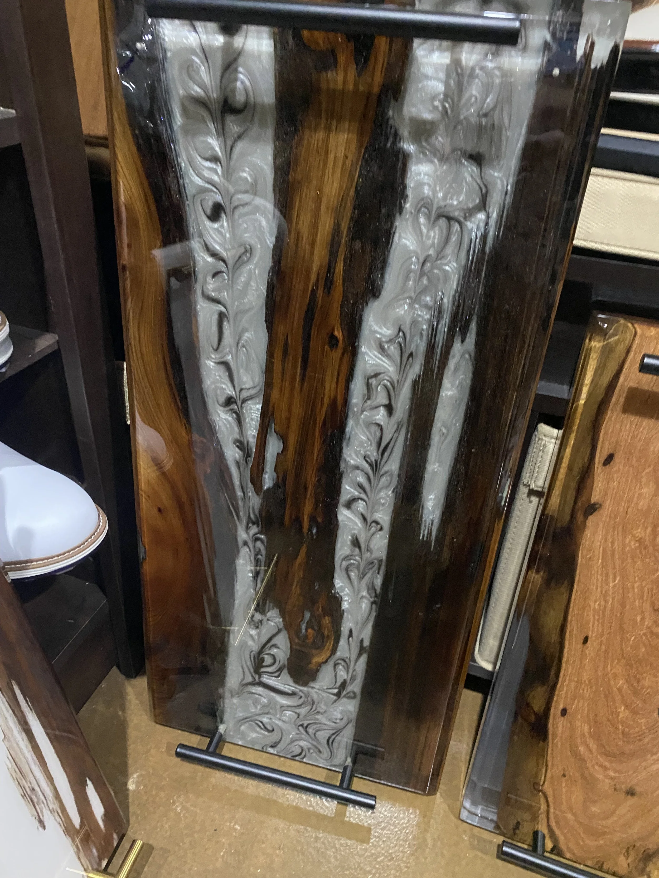 sinker cypress chacuterie board with grey swirl epoxy