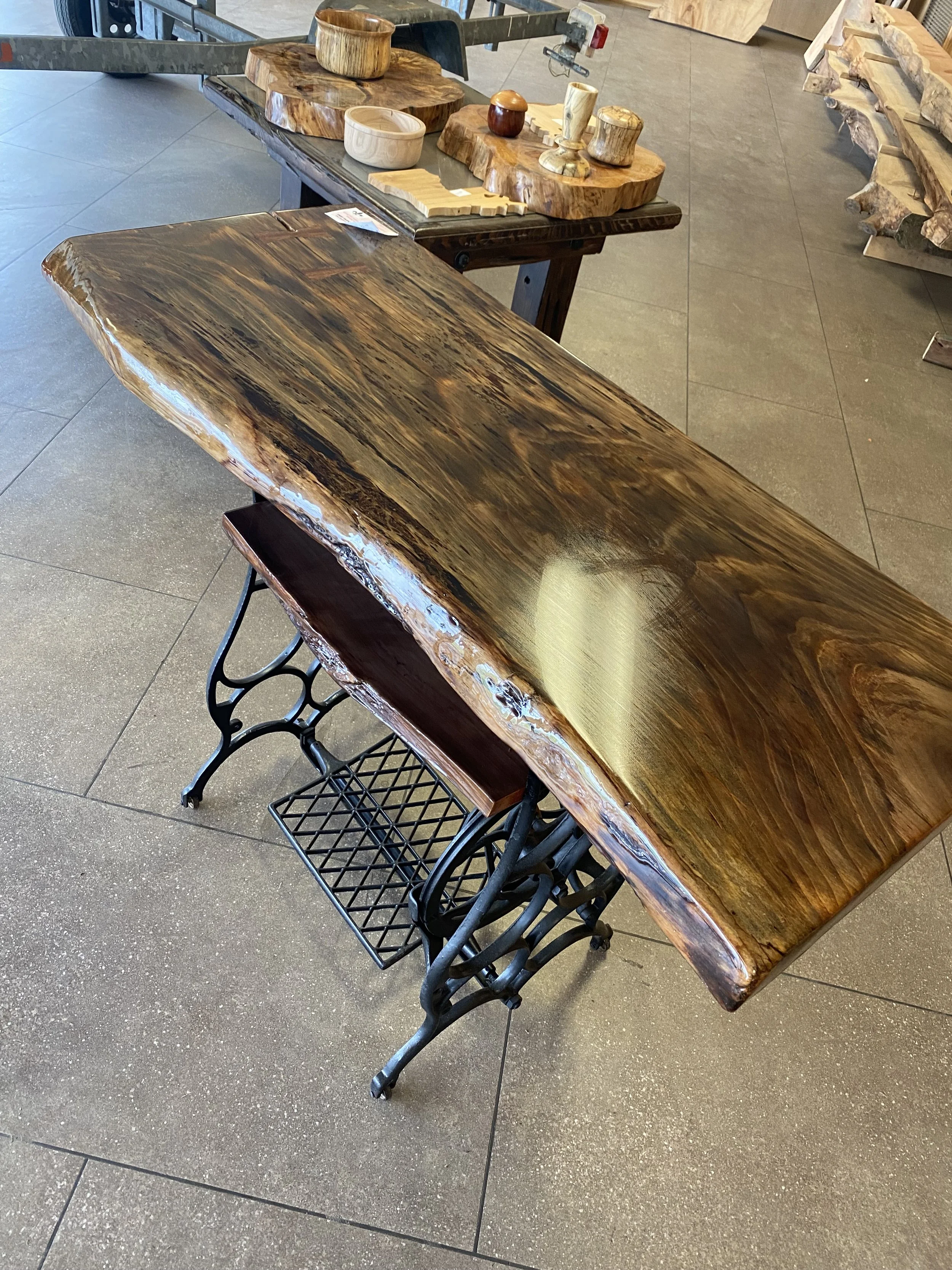 Sinker Cypress foyer table with clear epoxy