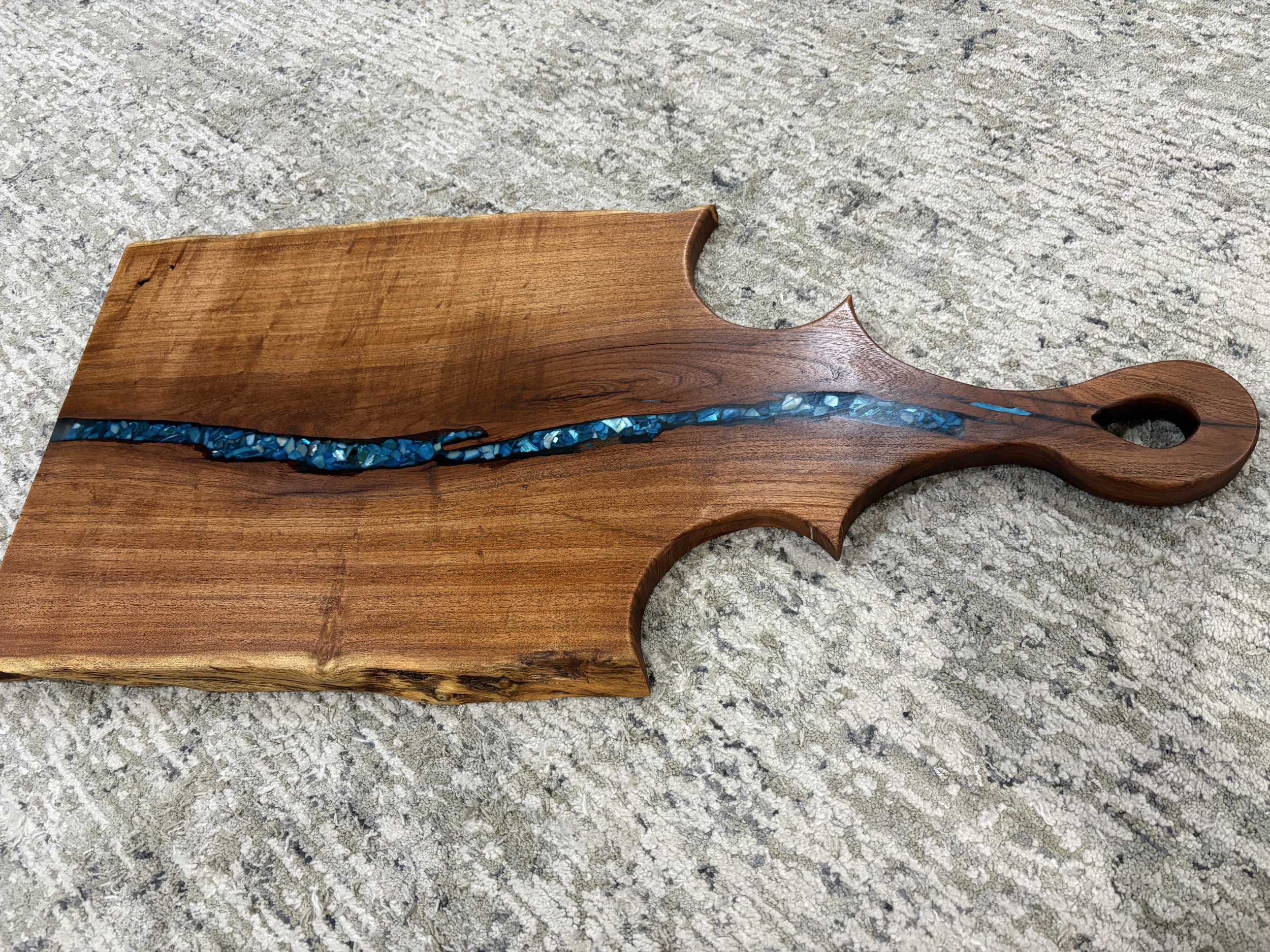 Western Cedar charcuterie board with turquoise rocks