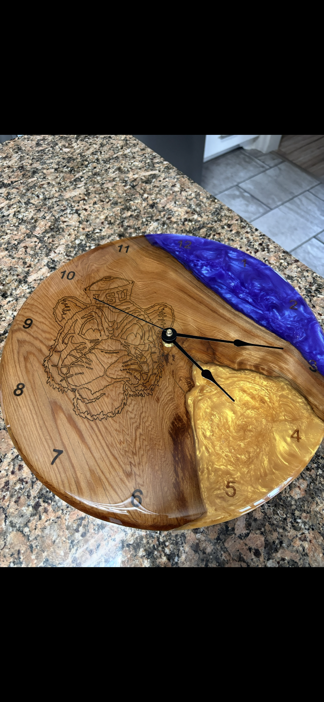 LSU clock with LSU colored epoxy
