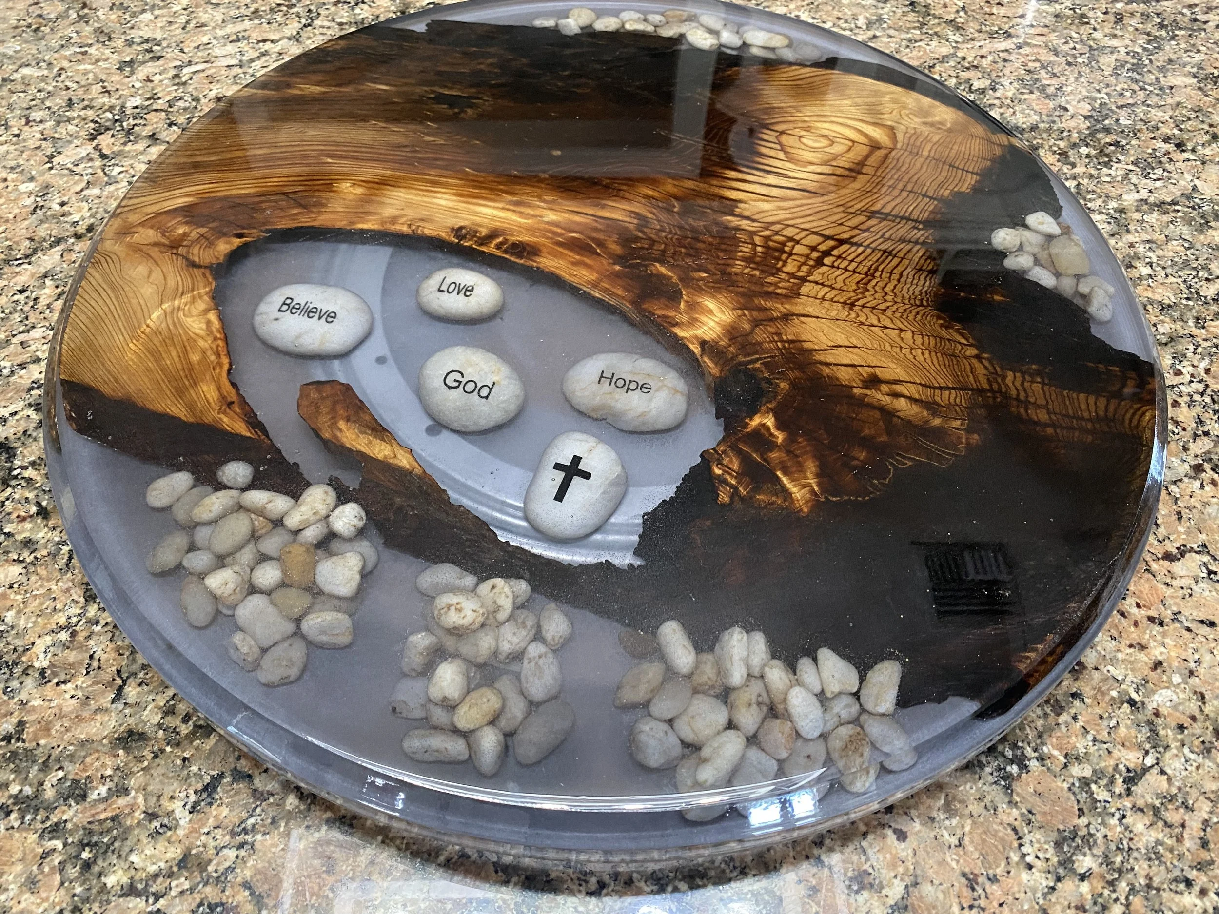 cypress Lazy Susan with smoke epoxy and faith rocks